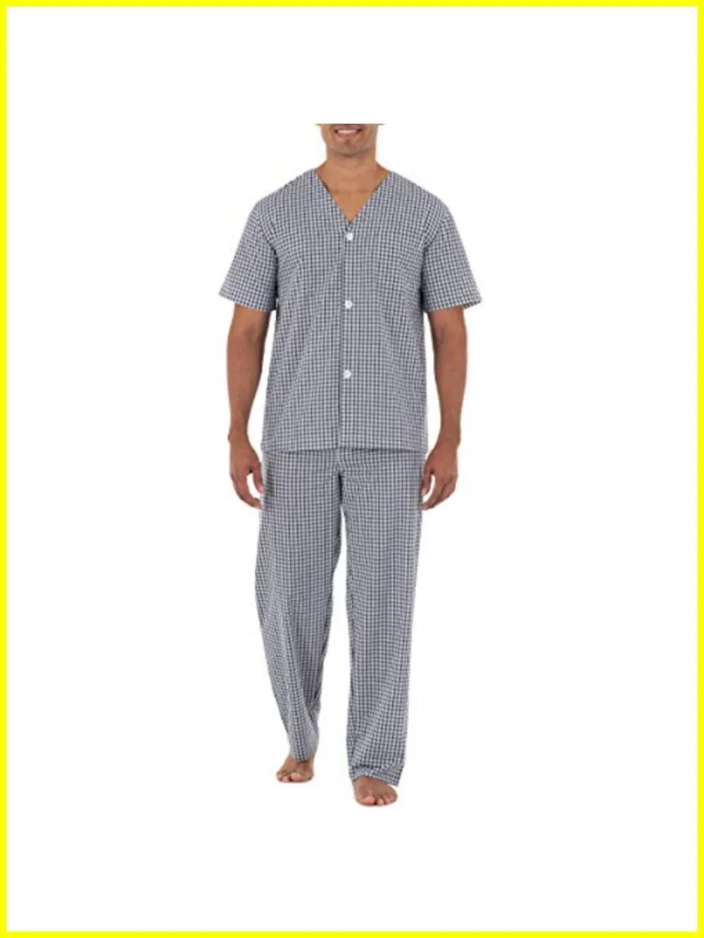 Men's Broadcloth Pajama Set Short Sleeve V-Neck Button Shirt Long Pants